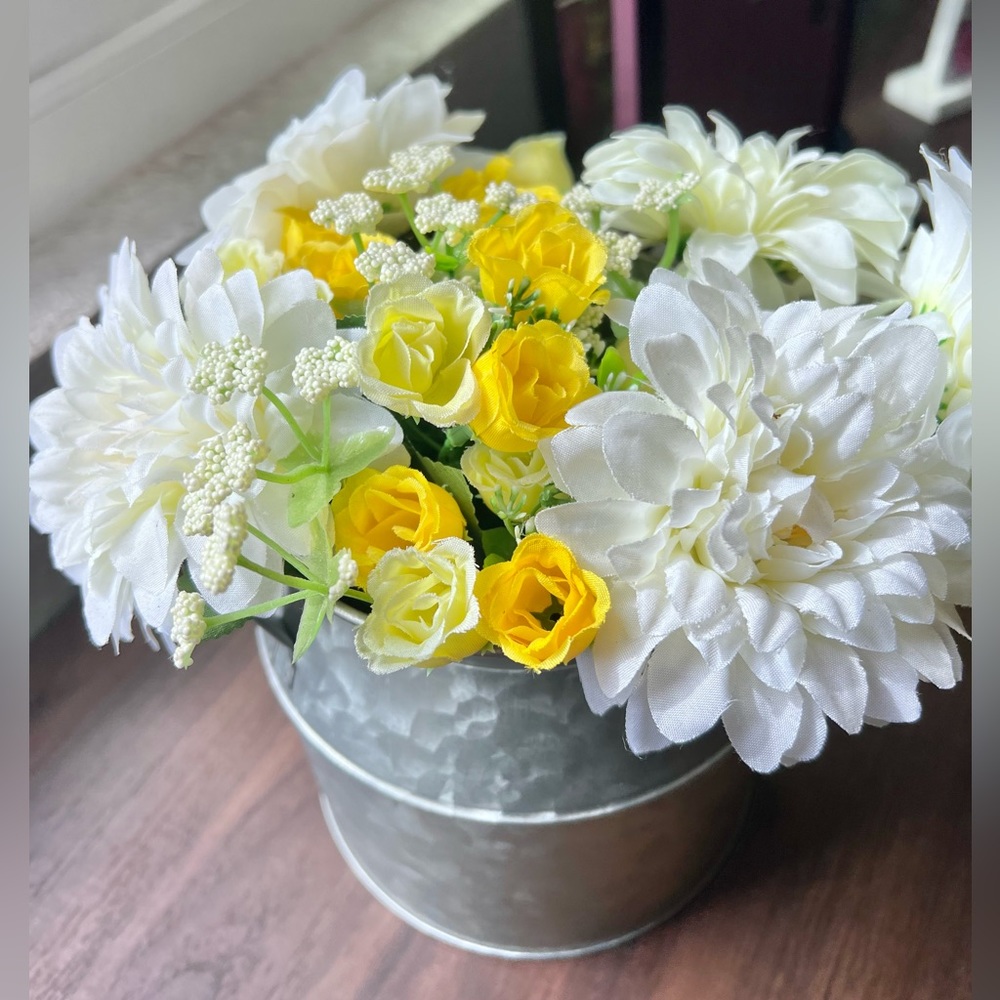 Faux Flowers White Dahlias Yellow Roses Arrangement in Tin Vase